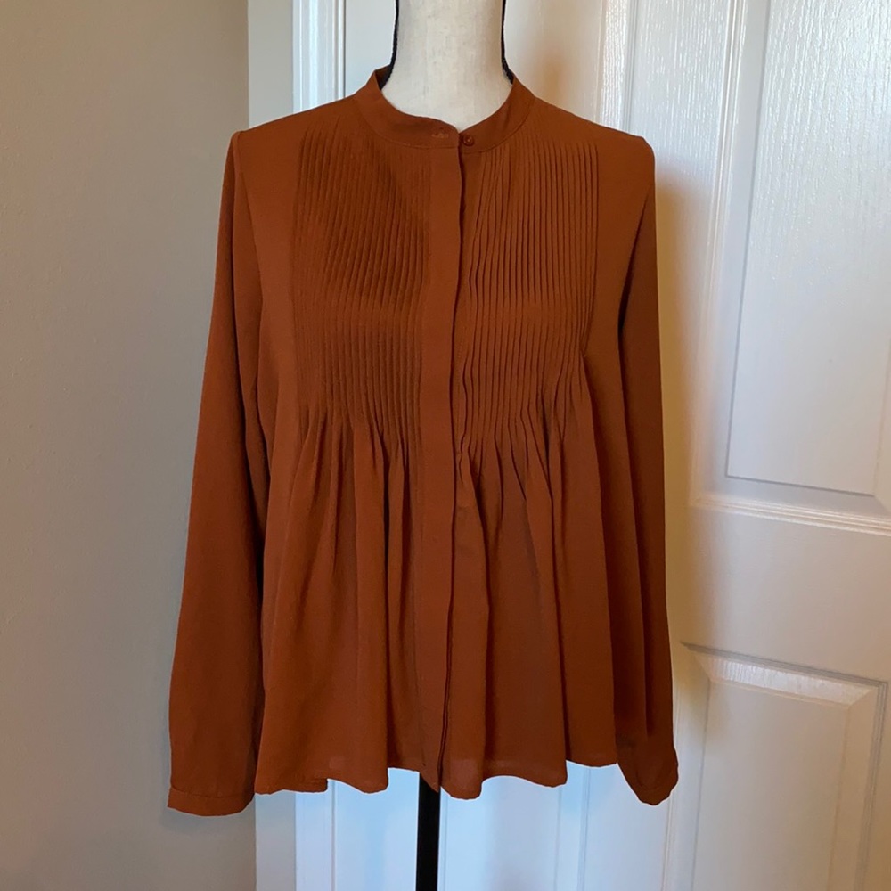 Freeway Burnt Orange Pleated Blouse Top